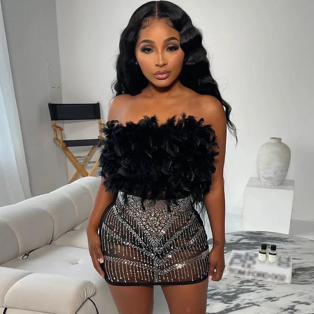 Off The Shoulder Mesh Sheer Rhinestone Feather See Through