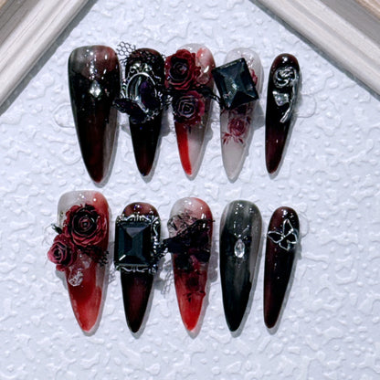 10pcs Long Pointed Press on Nails 3D Black Red Rose Crystal Design