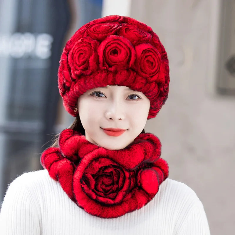 2025 Hot Sale Women Winter Fur Hat Scarf Sets Natural Warm Real Rex Rabbit Fur Cap Scarves Lady Knitted Genuine Fur Hats Muffler