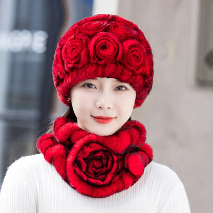 2025 Hot Sale Women Winter Fur Hat Scarf Sets Natural Warm Real Rex Rabbit Fur Cap Scarves Lady Knitted Genuine Fur Hats Muffler