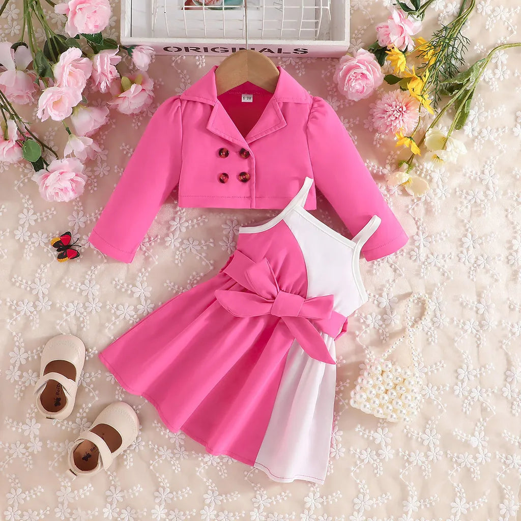 2Pcs/Set Long Sleeve Button Coat Suspenders Skirt Princess Dresses