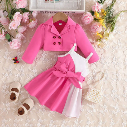 2Pcs/Set Long Sleeve Button Coat Suspenders Skirt Princess Dresses