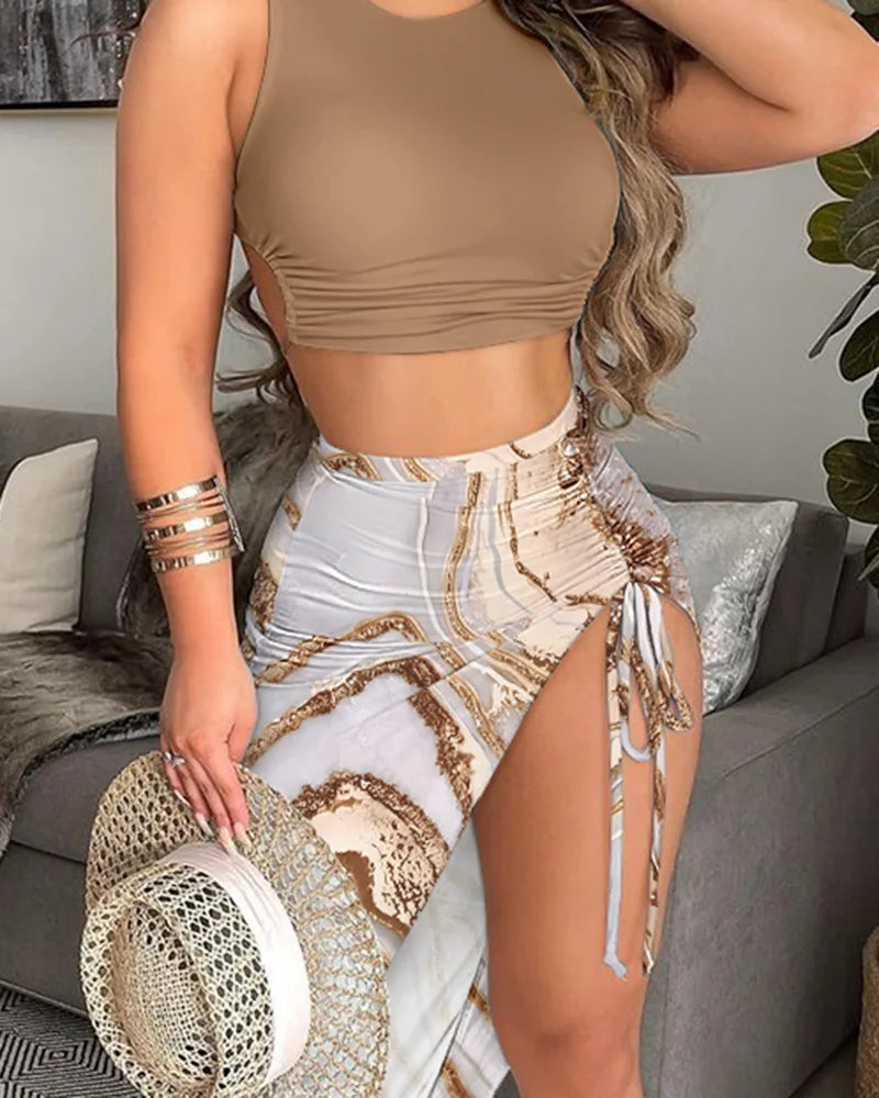 Casual O-Neck Sleeveless Crop Top and Ruched Tie Dye Print High Slit Skirt Sets