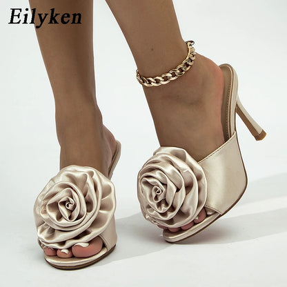 New Style Satin Flowers Women Slippers 2025 Design Mules Slides Shoes Ladies Stiletto High Heels Sandals