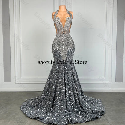 Sparkly Red Sequin Mermaid Luxury Silver Crystal Beaded Sheer Neck Long Prom Gowns