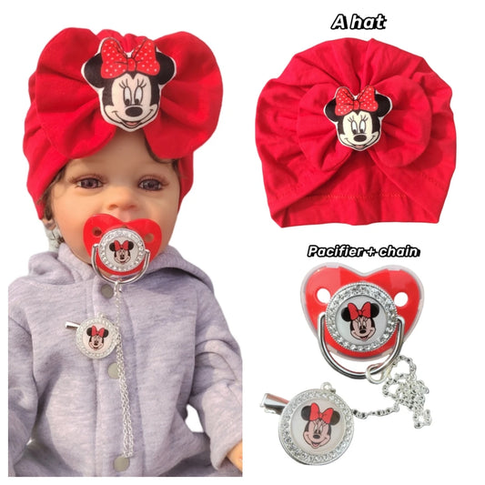 Red shiny baby silicone pacifier Weaning Comfort Nipple Soothing Silver chain pacifier clip Baby cartoon 3D printed hat gift