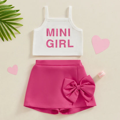 1-4years Girl Summer Clothes Set Letter Print Cami Tops With Bow Skirt Shorts Girls 2pcs Outfit
