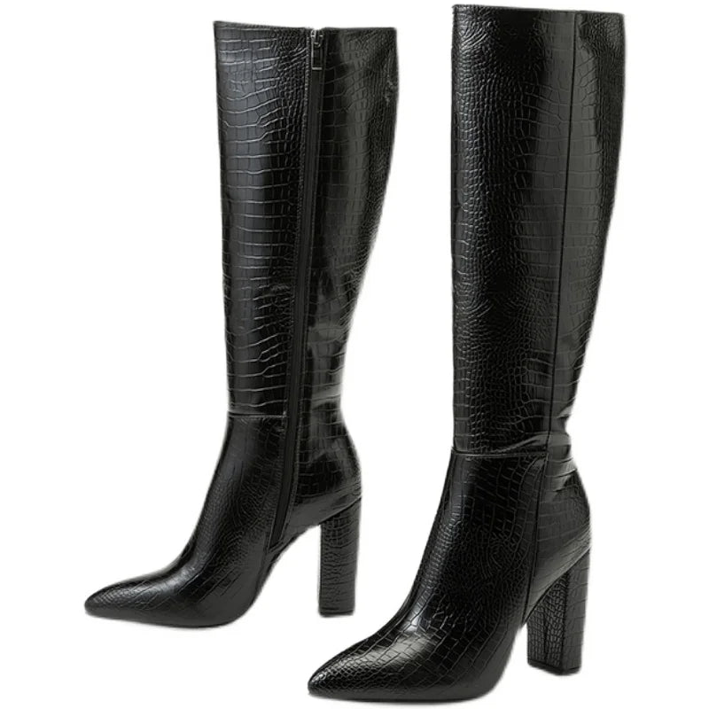 Aneikeh Women's Pointed Thick Heels Knee Long Boots Spring/Autumn Patent Leather Crocodile Pattern Panel Side Zipper Boots