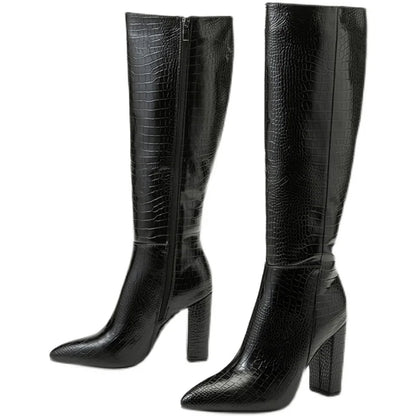 Aneikeh Women's Pointed Thick Heels Knee Long Boots Spring/Autumn Patent Leather Crocodile Pattern Panel Side Zipper Boots