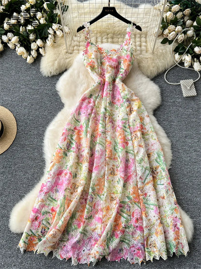 SINGREINY Floral Print Strap Dress Women French Style Hollow Out Zipper Design Ladies Summer Mesh Elegant Vacation Maxi Dress