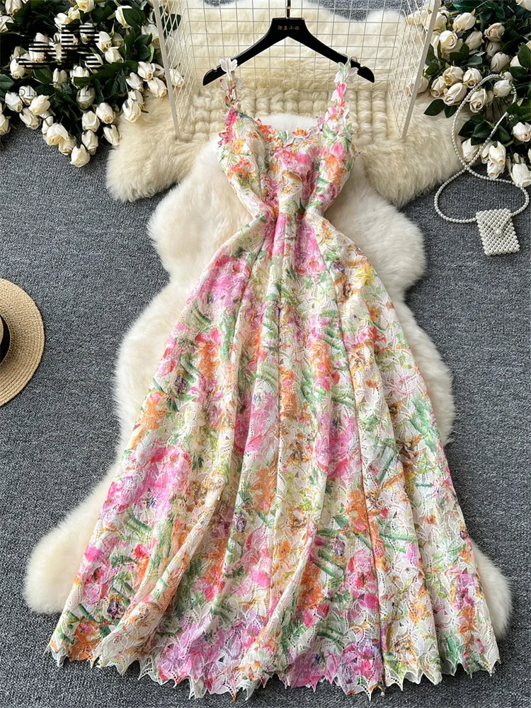 SINGREINY Floral Print Strap Dress Women French Style Hollow Out Zipper Design Ladies Summer Mesh Elegant Vacation Maxi Dress