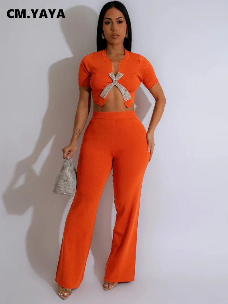 Women's Short Sleeve Diamonds Bowknot O-neck Tops +Wide Leg Pants Suits