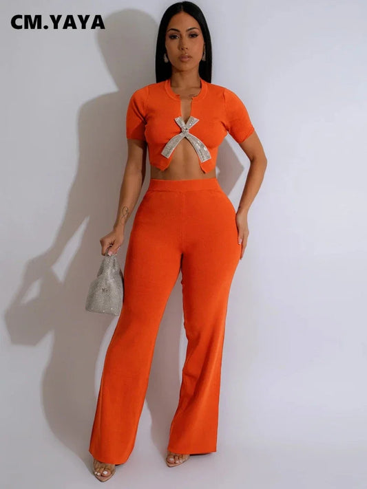 Women's Short Sleeve Diamonds Bowknot O-neck Tops +Wide Leg Pants Suits