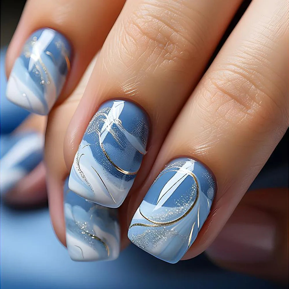 24pcs/set short square Glossy Medium Ballerina Fake Nails jellyfish blue sea wave flowers geometric design press on false nail
