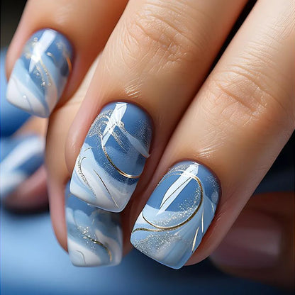 24pcs/set short square Glossy Medium Ballerina Fake Nails jellyfish blue sea wave flowers geometric design press on false nail