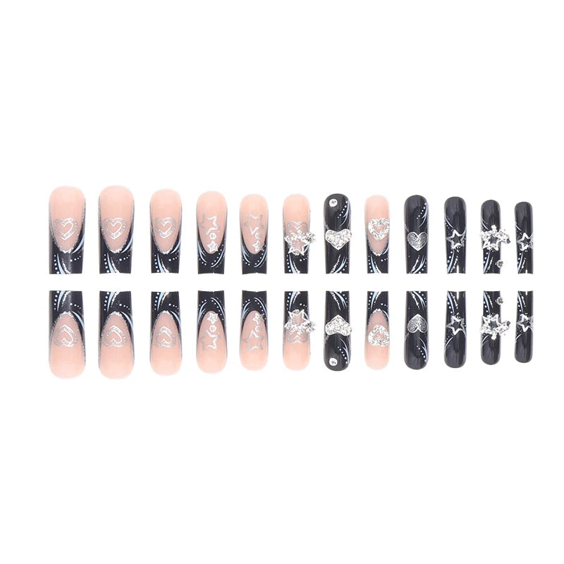 24PCS/1BOX Black French Wearing Sweet and Cool Nail Patch Glitter Love Stars in Europe and America Dark Department Fake Nail