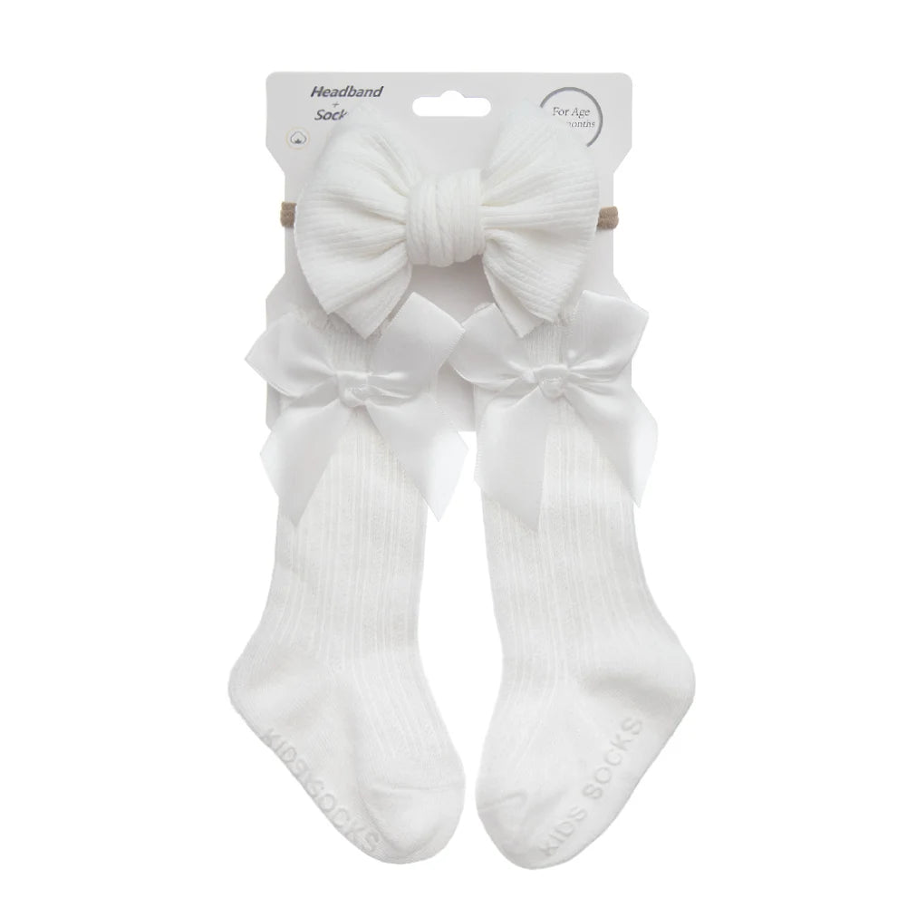3Pcs/Set Baby Cotton Knee Socks Silk Stain Hair Bow Headbands Non-slip 0-12M Long Leggings Stockings Nylon Hairbands Infant Sock