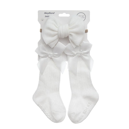 3Pcs/Set Baby Cotton Knee Socks Silk Stain Hair Bow Headbands Non-slip 0-12M Long Leggings Stockings Nylon Hairbands Infant Sock