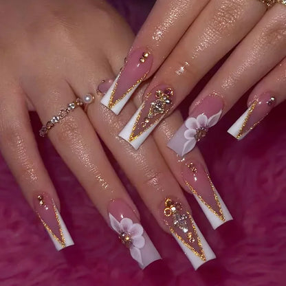 24Pcs White French False Nails Long Ballet Fake Nail with Pearl Bow Flower Design Press on Nails Pink Wearable Square Nails Set