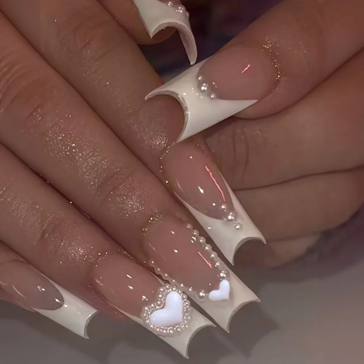 24Pcs Simple Blue French Fake Nails with Diamond Love Pattern Design False Nails Press on Mid-length Ballet Full Cover Nail Tips