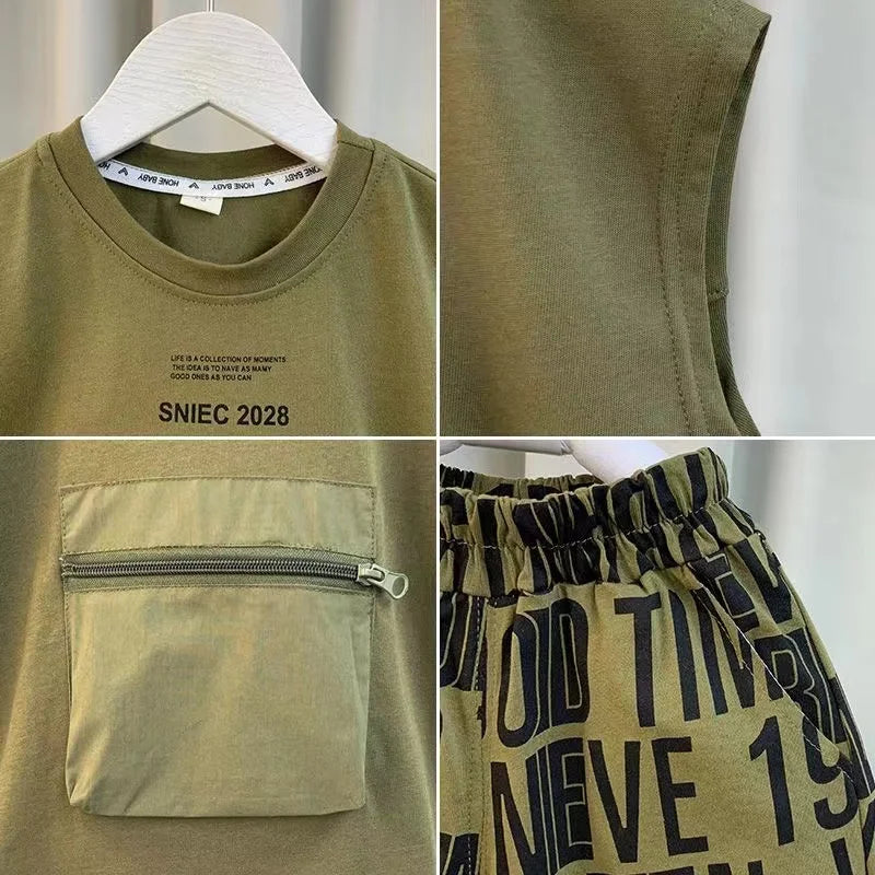 Boutique Summer Baby Boy Clothes Sets New Kids Designer Fashion Cotton Pocket Shirts+Letter Shorts 2pcs Suits Korean Boys Outfit