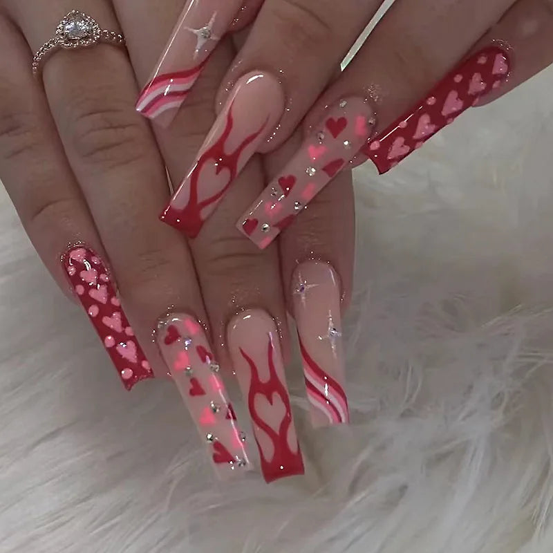 24Ps Super Long Ballet Wearable Fake Nails Blue Diamond Small Flower Press on Nail Stickers Finished Removable False Nail Pieces