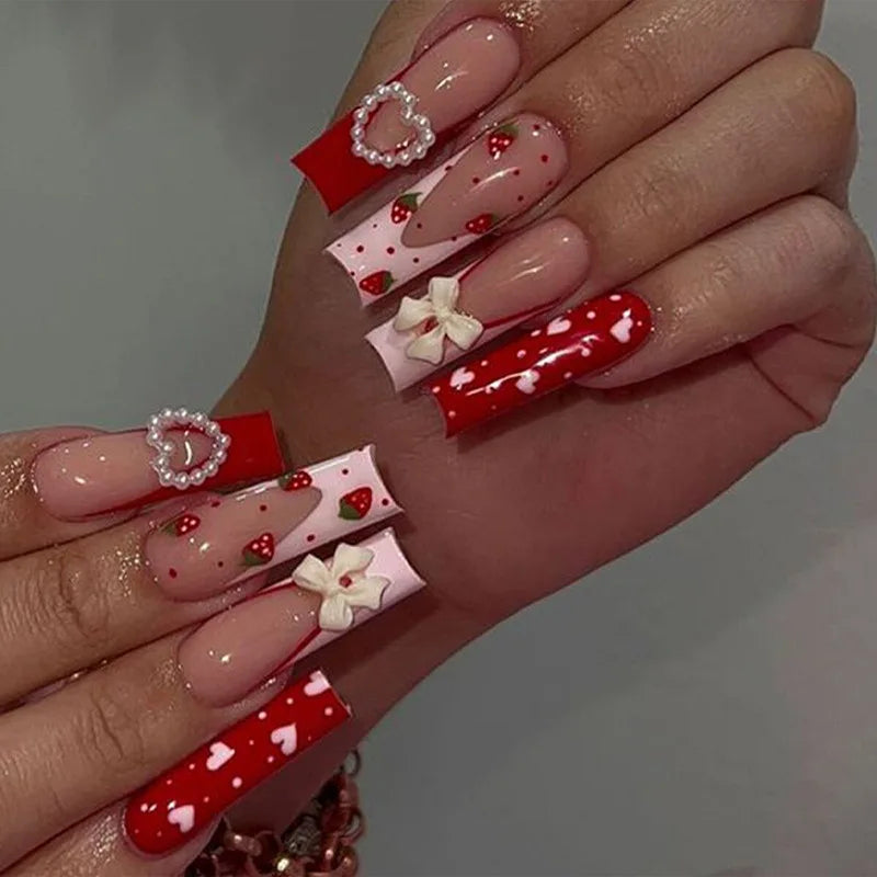 24pcs Artifical Bails With Glue Fake Nail Tips With Design Detachable Press On Nails Long Fake Nail Finished Nail Piece Sticker