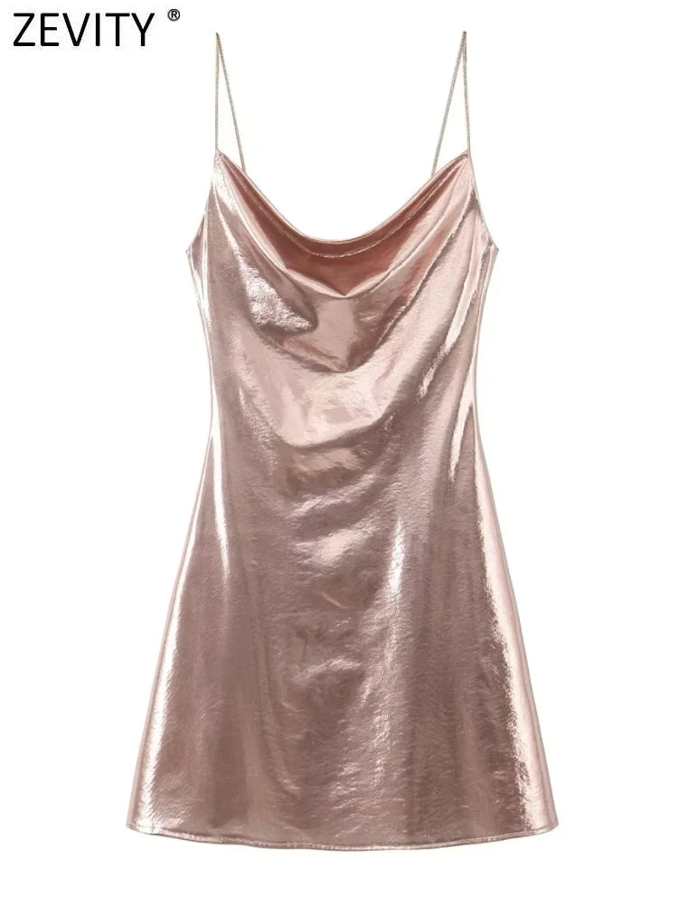 Women Shinning Metallic Color Sling Mini Dress