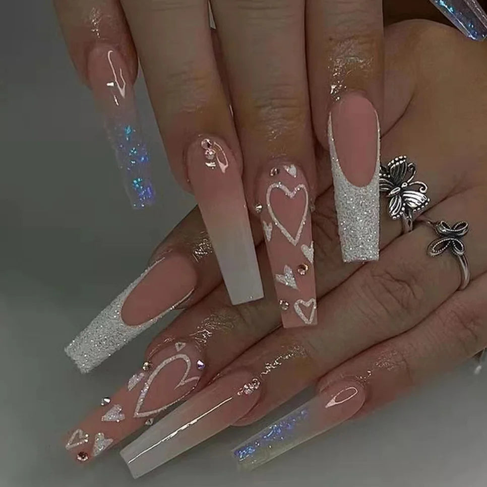 24Ps Super Long Ballet Wearable Fake Nails Blue Diamond Small Flower Press on Nail Stickers Finished Removable False Nail Pieces