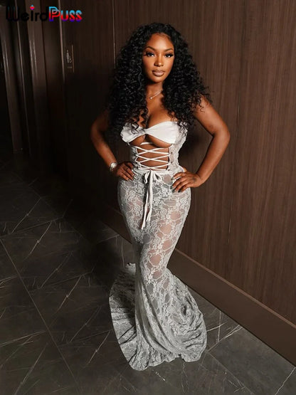 Weird Puss Sexy Party Dress Women Mesh Patchwork Strapless Shirring Hollow Coquette Banquet Elegant Summer Trend Maxi Bodycon