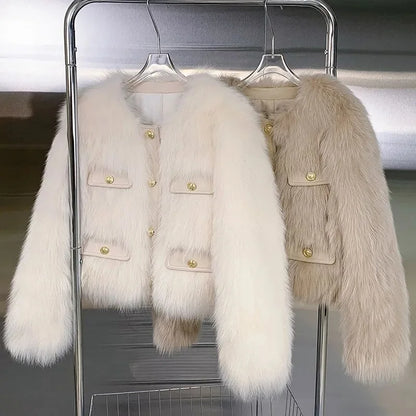Autumn Winter Short Faux Fur Ladies Coat Round Neck Long Sleeves Fur