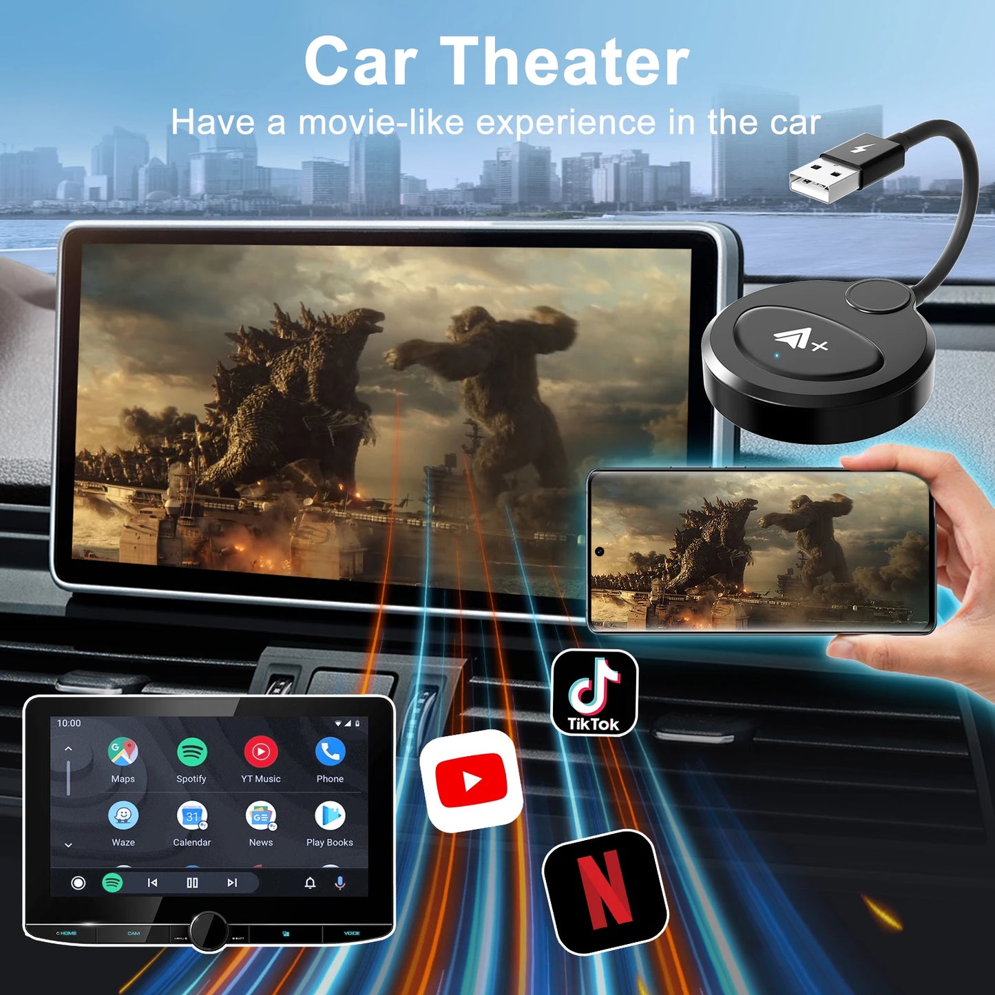 Wireless Video Android Auto Adapter with Netflix/YouTube/ TikTok for OEM Wireless CarPlay Cars
