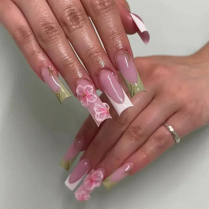 24Pcs White Butterfly False Nails Long Ballet Coffin Pearls with French Design Wearable Fake Nails Full Cover Press on Nail Tips