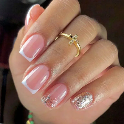 24Pcs Medium Short Square False Nails Glittering Nail Art White Wearable Fake Nail Silver French Full Cover Press on Nail Tips