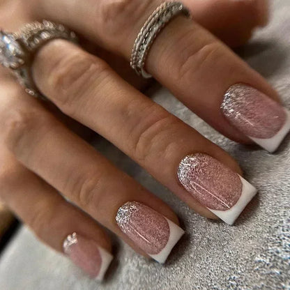 24Pcs Short Square French False Nails with Flower Shiny White Edge Design Pink Glitter Fake Nails Full Cover Press on Nails Tips