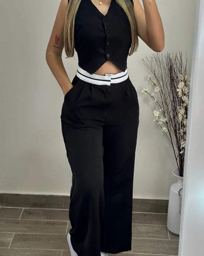 Casual Sexy Elegant V-Neck Buttoned Vest Top & Pocket Design Pants Set Womens Two Piece Sets Outfit