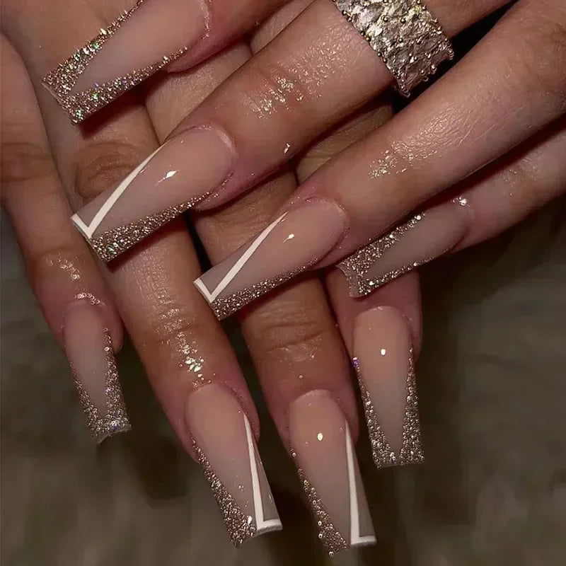 24Pcs Short Square French False Nails with Flower Shiny White Edge Design Pink Glitter Fake Nails Full Cover Press on Nails Tips