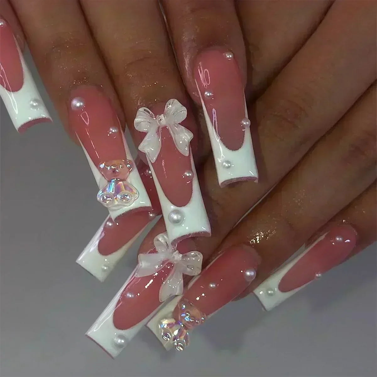 24Pcs Full Cover False Nails with Glue Long Square Coffin Fake Nails French Detachable Ballet Love Pattern Design Press on Nails