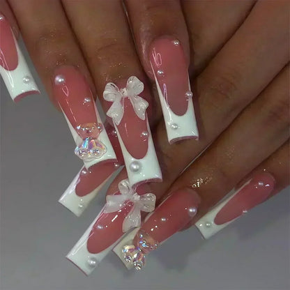 24Pcs Full Cover False Nails with Glue Long Square Coffin Fake Nails French Detachable Ballet Love Pattern Design Press on Nails