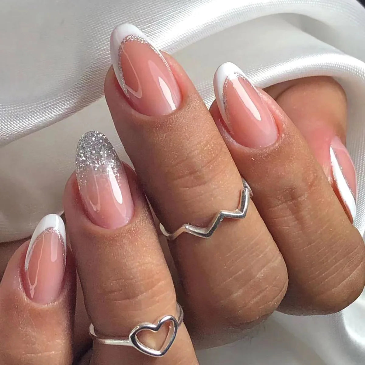 24Pcs Short Square Nude Fake Nails Art White Edge Glossy Artificial French False Nails Removable Full Cover Press on Nail Tips