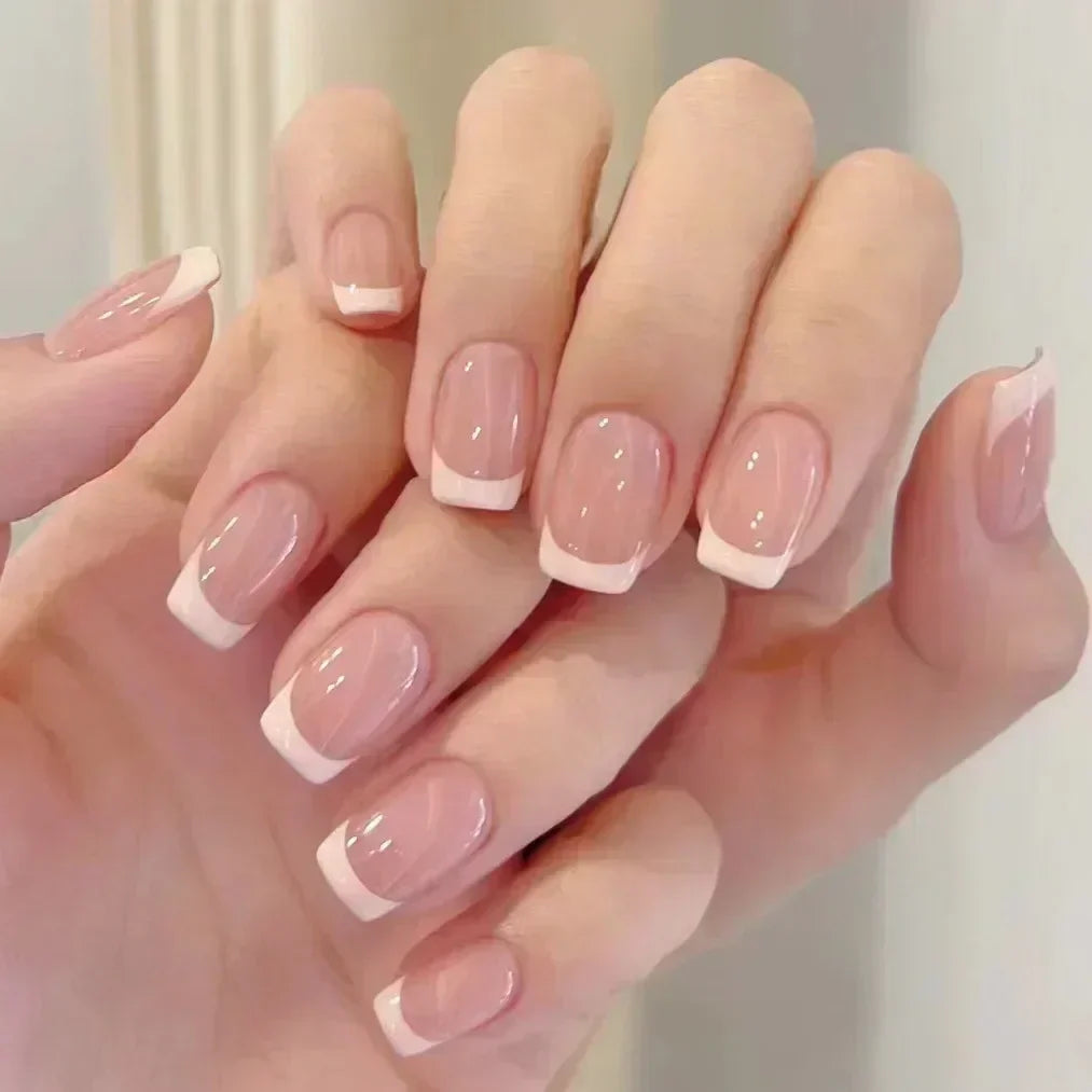 24Pcs French Tip  Press on Nails Short Coffin False Nails Simple Wearable Fake Nails Frosted Full Cover Press on Nail Tips Art
