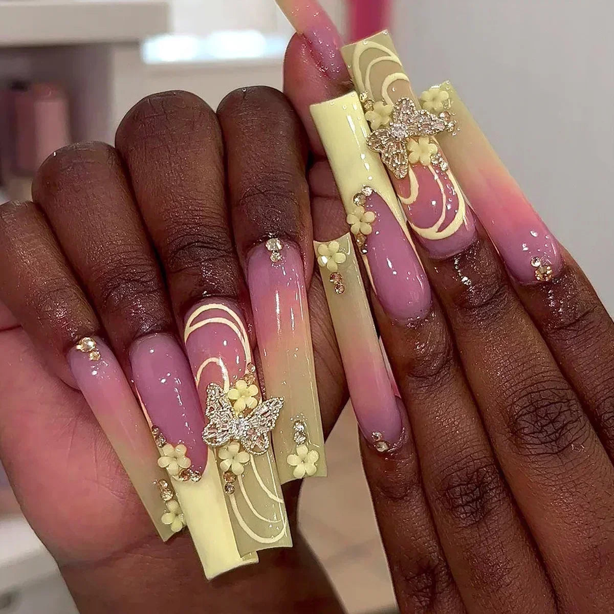 24Pcs Long Ballet False Nails Pink Butterfly with Rhinestones French Design Wearable Fake Nails Glitter Press on Nails Tips Art