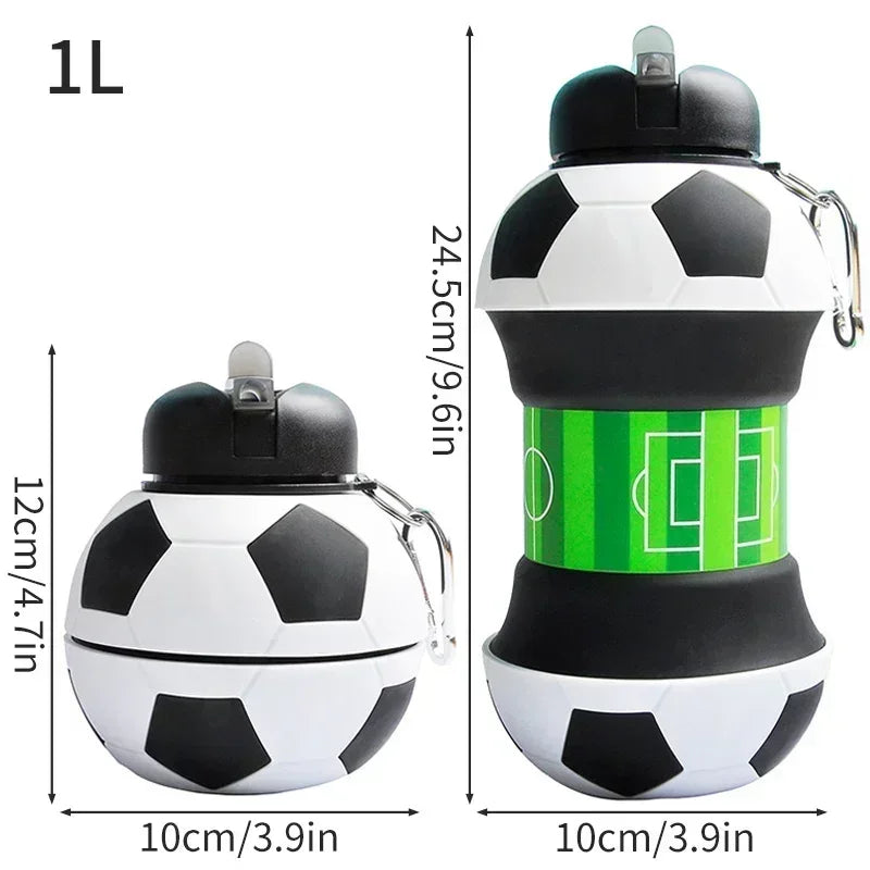 1 Liter Foldable Football Kids Water Bottles Portable Sports Water Bottle Football Soccer Ball Shaped Water Bottl Silicone Cup