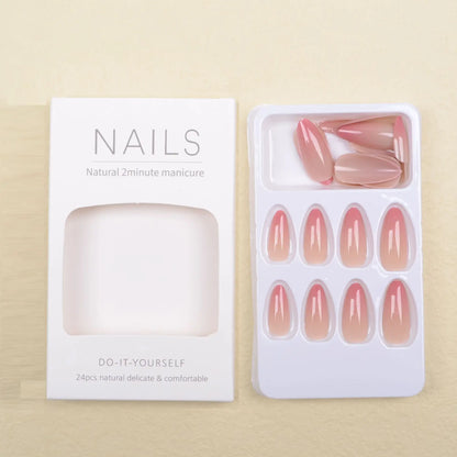 Ins Sweet Gradient Pink False Nail Patch Almond Glossy Korean Style Fake Nail Wearable 24pcs Artificiall Nails Free Shipping