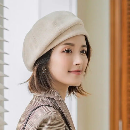 Simple Women Wool Beret for Elegant Lady Winter Female Cotton Hats Plaid Vintage Octagonal Casual Autumn Cap