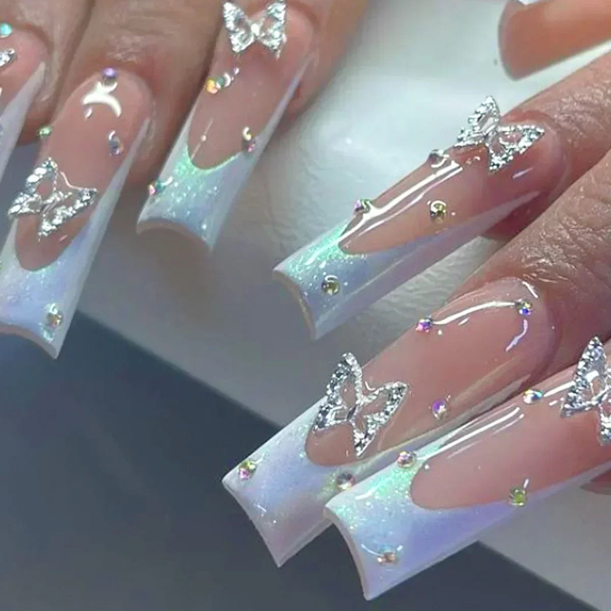 24Pcs Long Ballet French False Nails Pink Butterfly Flower with Rhinestones Wearable Fake Nails Gradient Press on Nail Tips Art