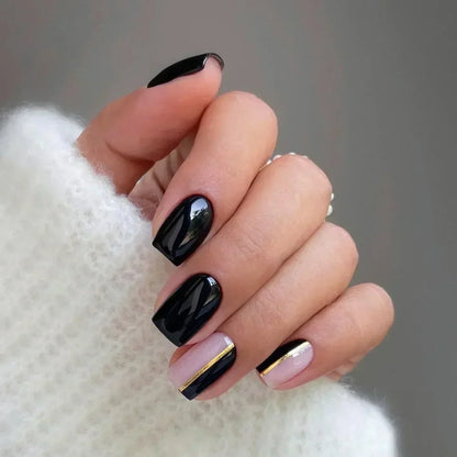 24pcs Black Short Ballet False Nails with Glue French Design Detachable Fake Nails Art Heart Full Cover Press on Nails Tips