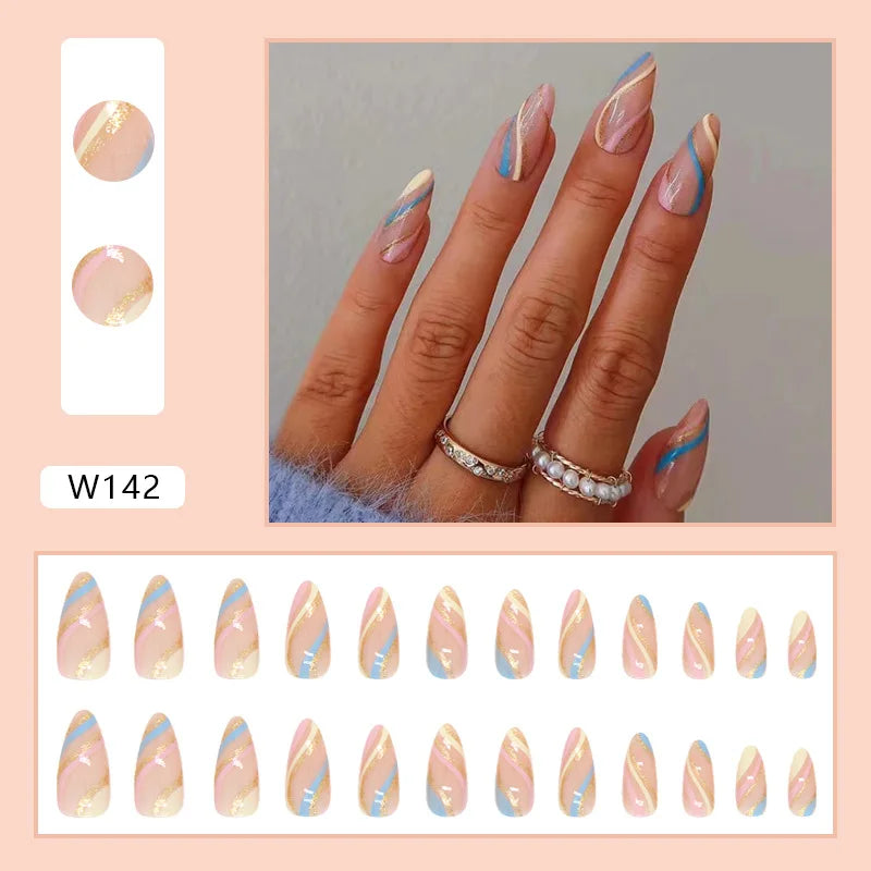 24pcs/Box Ballerina Nail Tip Purple with Design Manicure Patches Fresh Floral Almond False Nails Press on Med Nails Detachable