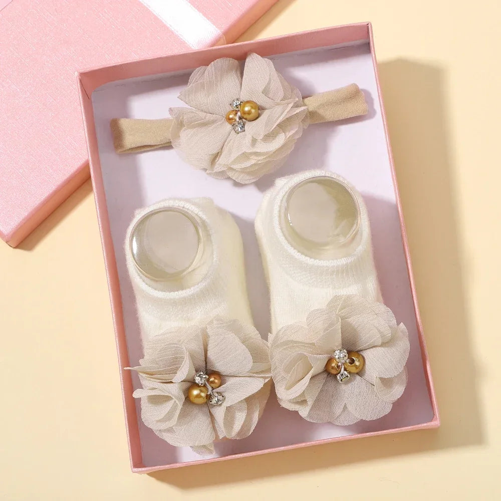 0-1Y Lovely Cartoon Baby Socks Hair Band Set Infant Toddler Non Slip Breathable Short Socks Newborn Headband Gift Photo Props