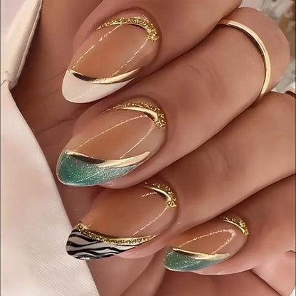 24Pcs Mid-length False Nails with Almond Head Design Brown Gold Lines Fake Nails Oval Wearable French Press on Nail Tips